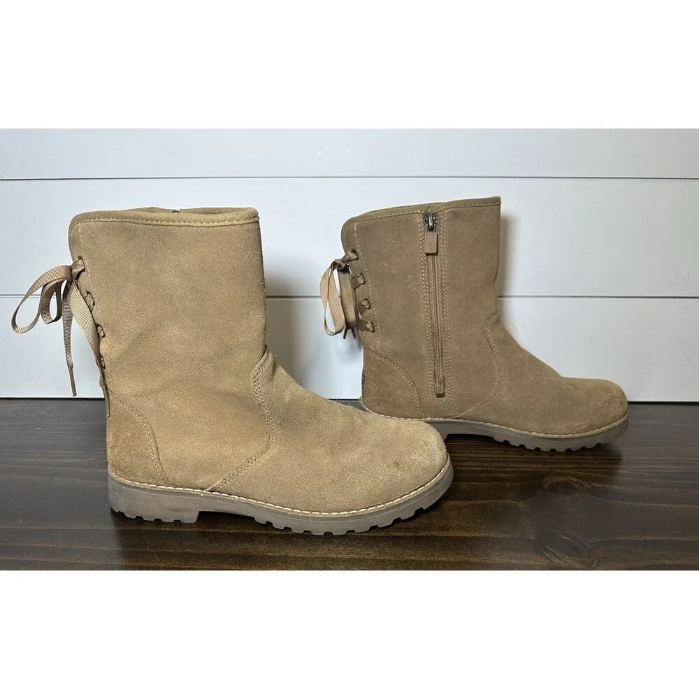 UGG Corene Chesnut Tan Suede‎ Side Zipper Lace Up Back Boots Youth 4